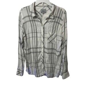 Rails Hunter White Charcoal Plaid Button Down Women Large Long Sleeves Rayon